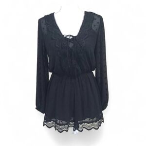 Express Black Lace Up Sheer Sleeve V-Neck Jumpsuit/Romper Shorts Size Small